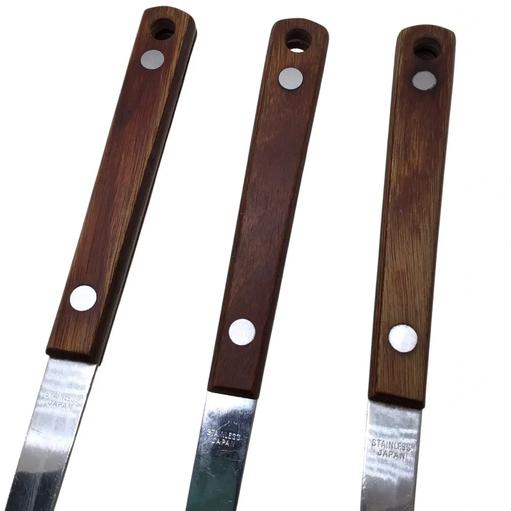 Vintage Japan Stainless Steel 3 Pc Serving Set Wood Handle Spoon Fork Utensils